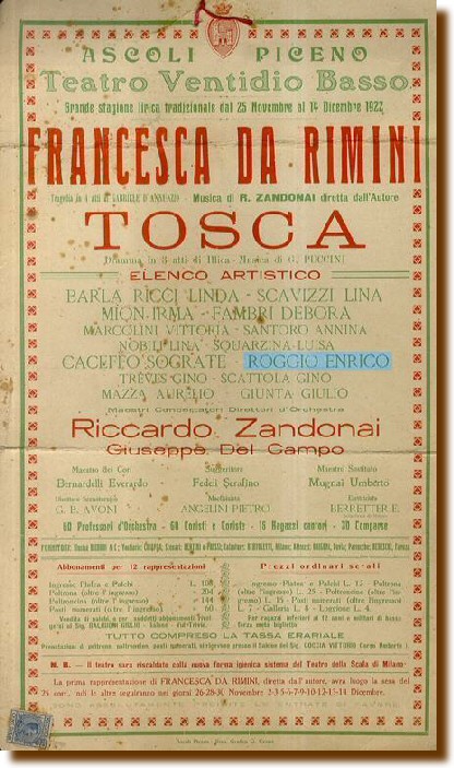 Ascoli Piceno 25 novembre 1922 - "Francesca da Rimini" Enrico Roggio diretto dal Maestro Riccardo Zandonai 